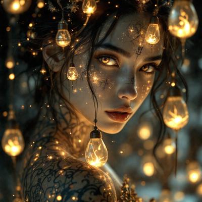 The primary subject of the image is a woman with tattoos and a unique hairstyle. She is wearing a dress and has a necklace on. The setting is a dark room with a tree in the background. The visual style is a combination of a photo and digital art, creating a surreal and artistic atmosphere. The colors are predominantly dark, with the woman's outfit and the tree in the background being the main sources of light. The mood of the image is mysterious and intriguing,
